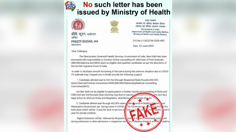 Health Ministry to Conduct Online Counselling For PG Medical Seats? PIB Fact Check Issues Clarification as Fake Letter Goes Viral