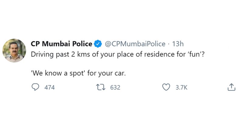 Mumbai Police Goes Witty With 'We Know a Spot' Trend To Warn Mumbaikars That 'Your Car Will be Seized If You Move Beyond 2 Km Radius of Your Homes'