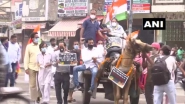 Punjab Congress Workers Ride Horse Carts with Scooters Loaded on Them, Pull Tractors with Ropes to Protest Against Fuel Price Hike