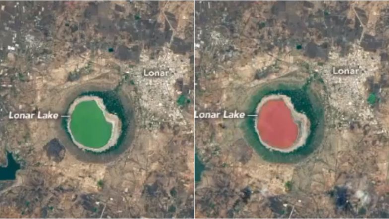 NASA Captures Maharashtra’s Lonar Lake That Turned Pink Mysteriously, Know Why 50,000 Years Old Crater Lake Changed Its Colour