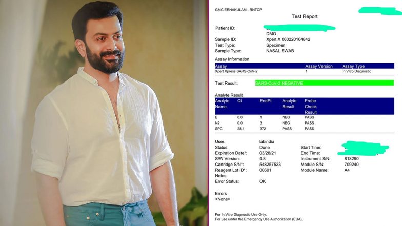 Prithviraj Sukumaran Voluntarily Gets Tested For COVID-19 and the Result Is Negative, Malayalam Actor Shares Test Report on Social Media