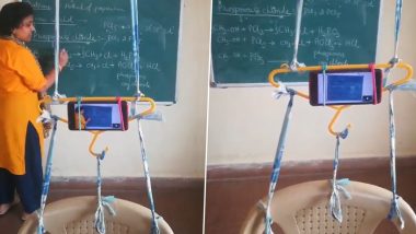 Indian Jugaad at Its Best! Netizens Praise Teacher For 'DIY' Tripod With Hanger and Chair to Support Her Phone and Conduct Online Classroom (Watch Video)