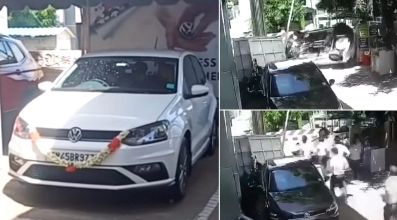 Brand New VW Polo Crashes Into Gate of Showroom After Driver Loses Control