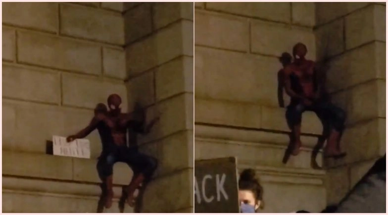 Spiderman Scales Manhattan Bridge During Black Lives Matter Protest in New York (Watch Video)