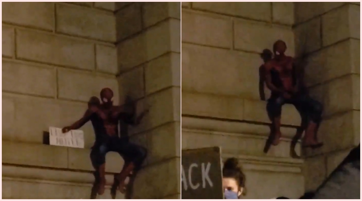 Spiderman Scales Manhattan Bridge During Black Lives 