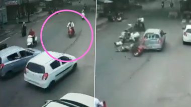 Car Rams Into Scooty in Madhya Pradesh's Hoshangabad, Watch Video