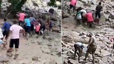 Harish Dhami, Congress MLA, Slips And Falls into Flooded Rivulet in Pithoragarh, Party Workers Rescue Him; Watch Video