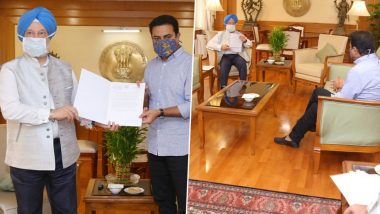 Telangana Minister KT Rama Rao Meets Aviation Minister Hardeep Singh Puri, Requests Him to Expedite Warangal Airport Project Under UDAAN Scheme