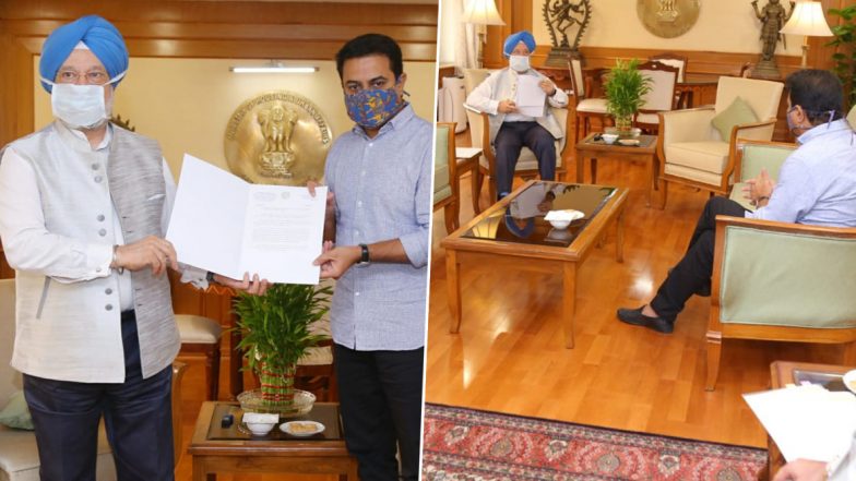 Telangana Minister KT Rama Rao Meets Aviation Minister Hardeep Singh Puri, Requests Him to Expedite Warangal Airport Project Under UDAAN Scheme