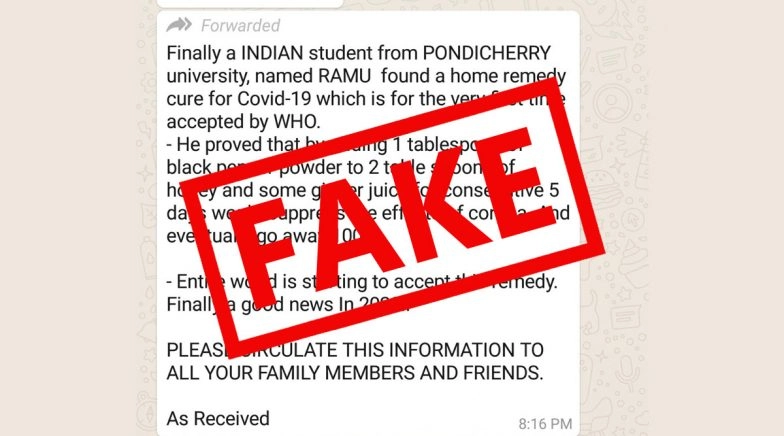 Pondicherry University Student Found Home Remedy Cure for COVID-19 ? PIB Debunks Fake News