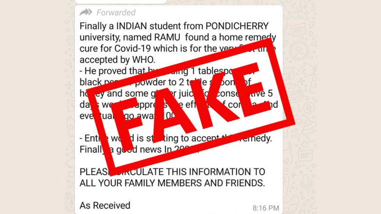 Pondicherry University Student Found Home Remedy Cure for COVID-19 Approved by WHO? PIB Fact Check Debunks Fake News