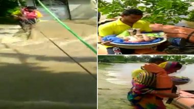 Odisha Rains: State Fire Services Personnel Rescue 6 Trapped People Including Newborn From Flooded Village in Jajpur (Watch Video)