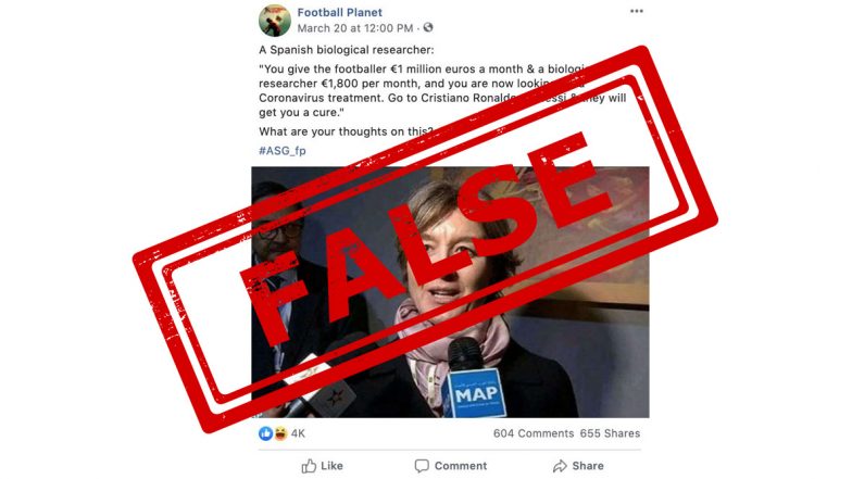 Cristiano Ronaldo and Lionel Messi Asked to Find COVID-19 Cure by a ‘Spanish Biological Researcher’ Because They Make More Money? Here’s the Fact Check of the Viral Post