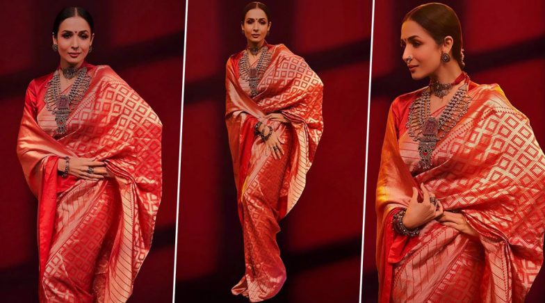Ganesh Chaturthi 2020: Malaika Arora Draped in a Red Raw Mango Saree Is Fashion Goals!