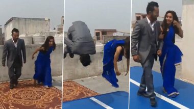 National Gold Medalist Gymnast Parul Arora's Stunning Front Flip in Blue Saree Leaves Netizens Amazed, Video Goes Viral