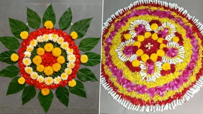 Onam 2020 Easy Pookalam Photos: Latest DIY Pookalam Drawing With Beautiful Flowers to Celebrate Kerala's Harvest Festival (Watch Videos)