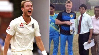 Stuart Broad Pulls Luke Wright’s Leg Over England All-Rounder's ‘Awkward Handshake’ While Receiving Blender as Man of the Match Award in Dhaka Premier League 2013 (See Pic)