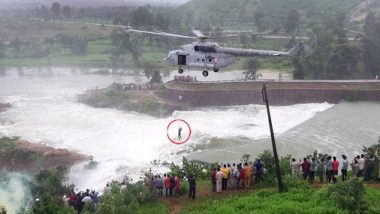 IAF Chopper Saves Man From Getting Washed Away by Heavy Water Flow at Khutaghat Dam in Chhattisgarh; Watch Video