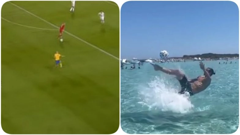 Zlatan Ibrahimovic Trolls England As he Recreates His Famous 2012 Overhead Kick In the Sea, Says ‘God Save The Queen’ (Watch Video)