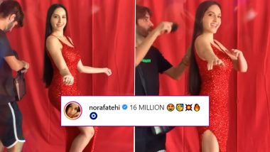 Nora Fatehi Looks Sexy In a Red Hot Gown as She Celebrate 16 Million Followers on Instagram (Watch Video)