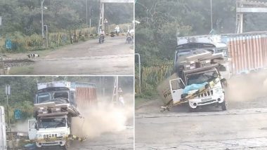 Video of Speeding Truck Hitting Railway Crossing Near Madhya Pradesh's Sagar District Goes Viral; People Seen Running For Their Lives