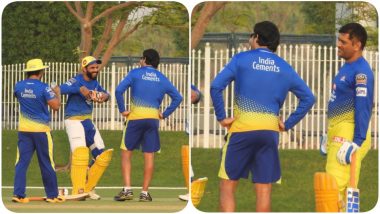 MS Dhoni, Kedar Jadhav and Ravindra Jadeja Have a Hearty Laugh As CSK Sweats it Out in the Nets Ahead of IPL 2020 Opening Game Against Mumbai Indians (See Pic)