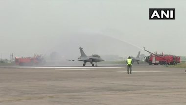 Rafale Induction Ceremony: Water Cannon Salute Given to Aircraft After Air Display at IAF Airbase in Ambala (Watch Video)