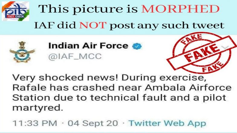 Rafale Jet Crashed Near Ambala Airbase? PIB Fact Check Debunks Fake 'IAF Tweet' Going Viral on Social Media