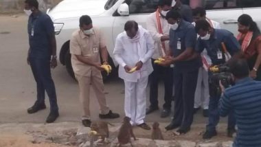Telangana CM KCR Feeds Bananas to Hungry Monkeys Enroute to Sri Narasimha Swamy Temple at Yadadri, View Pic