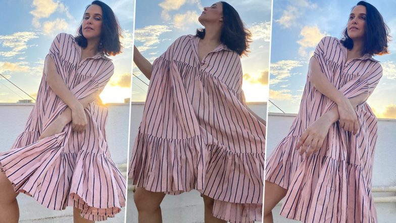 Neha Dhupia Strikes a Pose With the Perfect Set-Up &ndash; Cape Dress, Pink Stripes and Sunkissed Skies!
