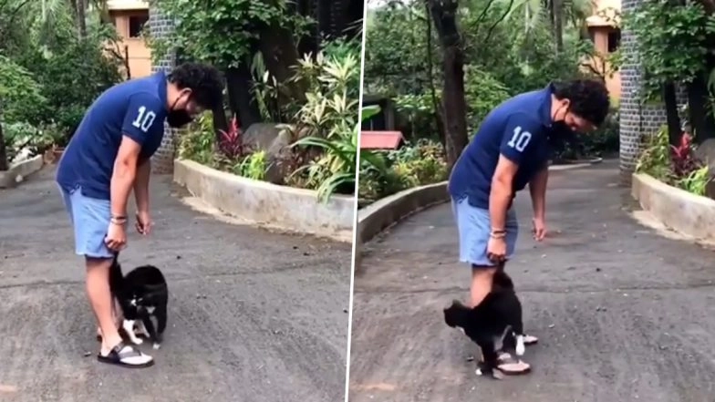 Sachin Tendulkar’s New Friend ‘Cat’ Revisits the House, Master Blaster Think His Latest Visitor Is Missing Vada Pav (Watch Video)