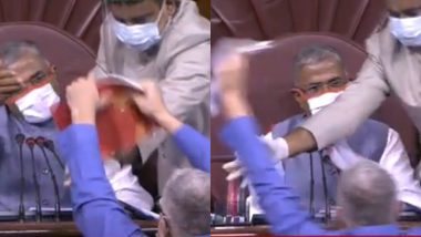 Agricultural Reform Bills: TMC MP Derek O'Brien Enters Well of Rajya Sabha, Tears Papers in Protest Against Farm Bills