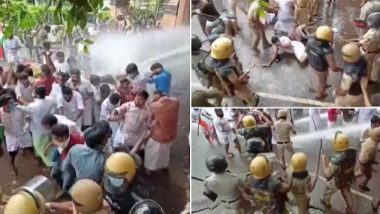 Kerala Cops Use Water Cannon, Lathicharge to Disperse Protesting Youth Congress Workers in Malappuram Demanding KT Jaleel’s Resignation (Watch Video)
