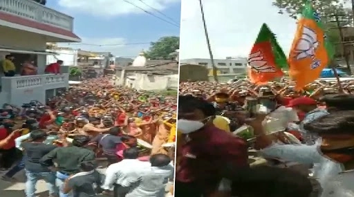 BJP’s Kalash Yatra in Indore: On Day With Highest Single-Day Spike in COVID-19 Cases in City, People Seen Flouting Social Distancing Norms at Event Organised in Support of Tulsi Silawat (Watch Video)