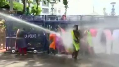 Kerala Police Use Water Cannons to Disperse Protesting BJP Workers in Thiruvananthapuram Demanding KT Jaleel’s Resignation (Watch Video)