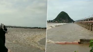 Andhra Pradesh Floods: 70 Gates of Prakasam Barrage on Krishna River in Vijayawada Lifted to Release Huge Inflow of Floodwater, Alert Issued (Watch Video)