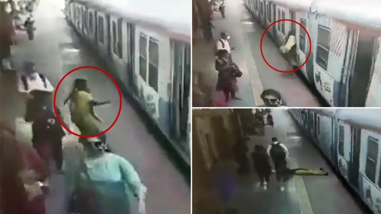 RPF Personnel Pulls Woman to Safety After She Falls While Trying to Board Moving Local Train at Ghatkopar Station, Watch Video