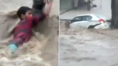 Karnataka Rains: Man Gets Stuck in Flash Flood After Heavy Rainfall in Belagavi, Horrific Video Goes Viral