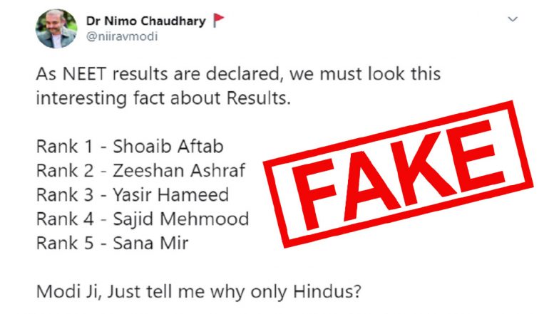 Did Muslim Students Shoaib Aftab, Yasir Hameed, Sana Mir and Others Secure Top 5 Ranks in NEET 2020 Merit List? Check Truth Behind Fake Tweet Going Viral