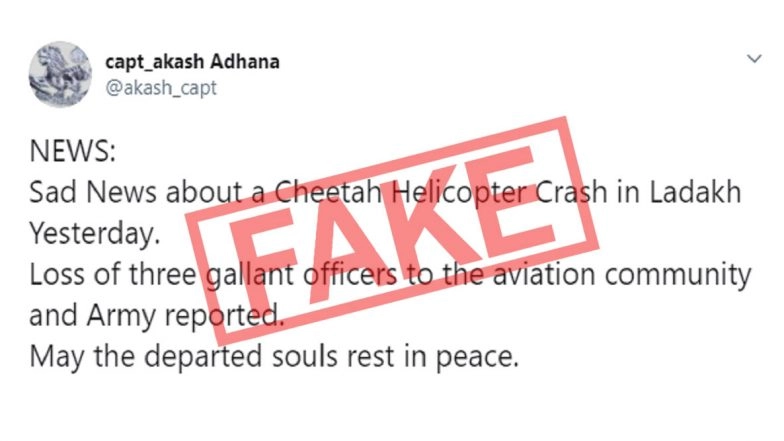 Cheetah Helicopter Crashed in Ladakh, Leading to Deaths of Major Abhijai Thapa, Captain Avinash Somavanshi and Major Vikas Varyani? Old News of Indian Army Chopper's Crash Passed Off as Recent Incident
