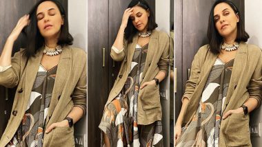 Neha Dhupia’s Olive and Tan Asymmetrical Dress Worth Rs.14,000 Looks Like the Perfect Holiday Style Statement!