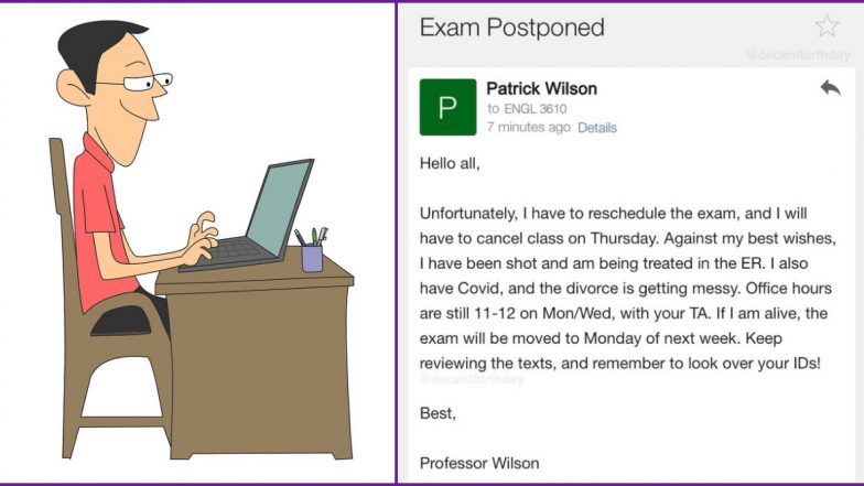 Being Shot, COVID-19 and Divorce! Professor's Email to Students About&nbsp;Rescheduling of Exams If 'He's Alive' Has Rollercoaster of Emotions (Check Viral Tweet)