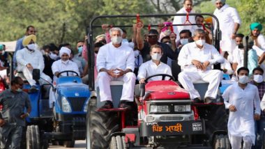 Rahul Gandhi Drives Tractor During Congress's 'Kheti Bachao Yatra' Against Farm Laws in Noorpur, Watch Video