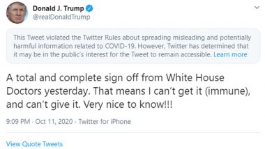 Twitter Flags Donald Trump's 'Can't Get Coronavirus' Tweet For Violating Rules About Spread of Misleading Information on COVID-19