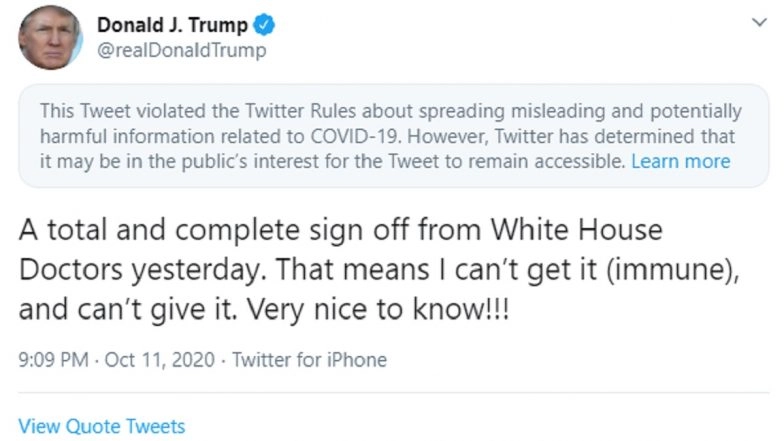 Twitter Flags Donald Trump's 'Can't Get Coronavirus' Tweet For Violating Rules About Spread of Misleading Information on COVID-19