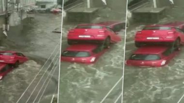 Telangana Floods Video: Car Collides With Other Vehicles After Getting Washed Away in New Bowenpally Area in Hyderabad