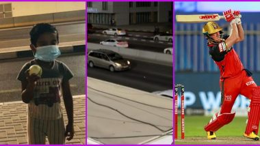 AB de Villiers’ Sixes Land Outside Sharjah Cricket Stadium; One Hits Moving Car, Kid Collects Another One (Watch Video)