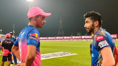 Kartik Tyagi Catches up with Jasprit Bumrah After Mumbai Indians Crushes Rajasthan Royals by 57 Runs in Dream11 IPL 2020 (See Pic)