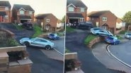 Expensive Parking Fail! Porsche Taycan Hits SUV and Lands on Another Car in Epic Fail to Park the Vehicle Amid Steep Driveway in UK (Watch Video)