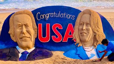 Sudarsan Pattnaik Congratulates US President-Elect, Joe Biden & Vice President-Elect, Kamala Harris with a Massive 25-Feet Long Sand Art